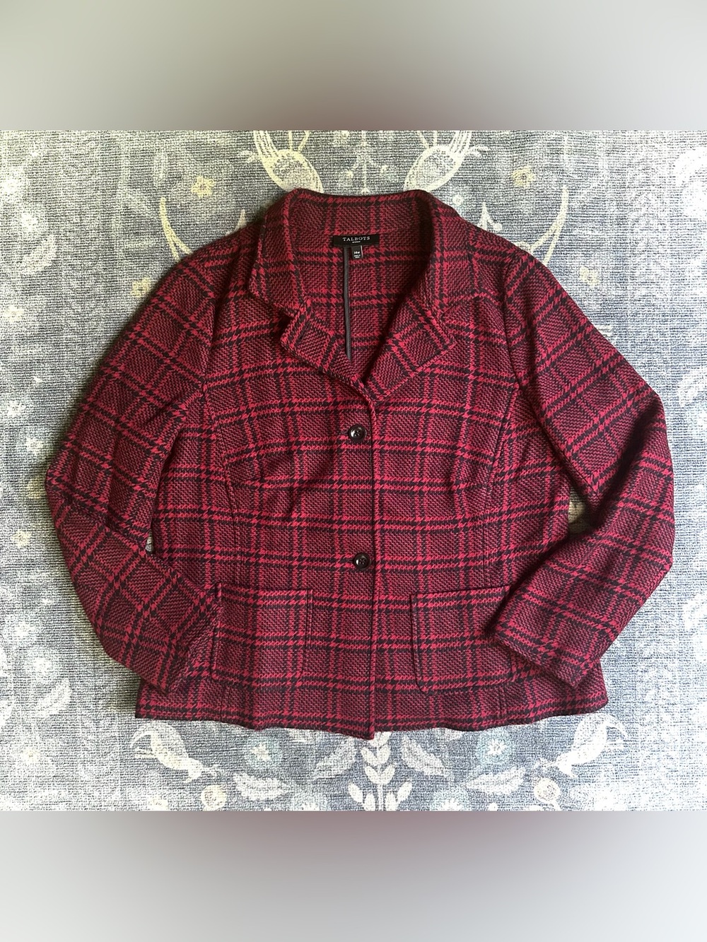 Talbots Red Black Plaid Houndstooth Blazer Jacket Wool Blend Sz 14W